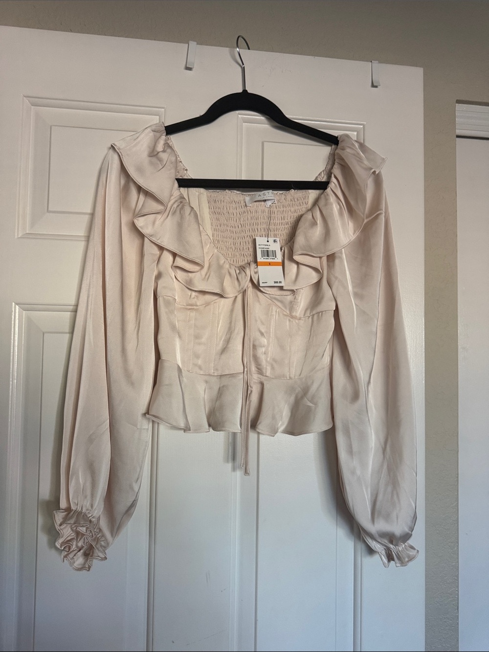 Astr Ruffle-Trim Satin Peplum Blouse - Cream